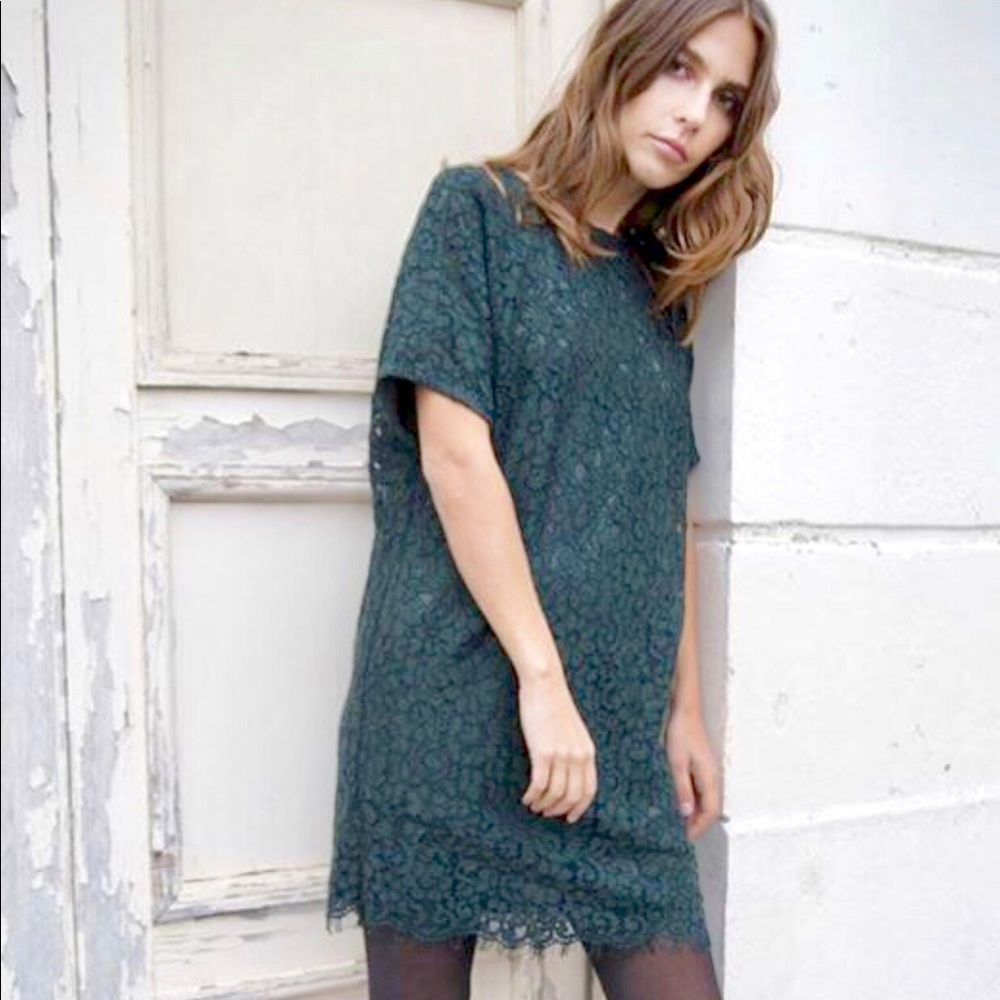 FRNCH Hunter Green Lace Shift Dolman Dress